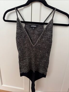 Express Black and Gray Shimmer V-Neck Knit Bodysuit Cami